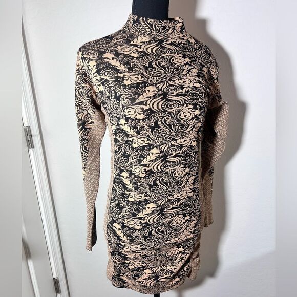 ♥️ Zara Black beige Patterned fitted ruched midi sweater Dress size medium large - Picture 4 of 9